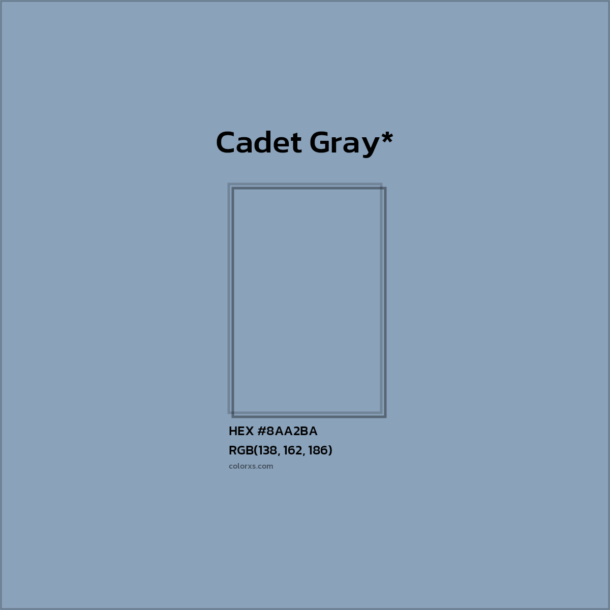 #8AA2BA hex color. RGB, RYB, CMYK, HSL, HSV codes and color conversions. Matching color names, palettes, paints.