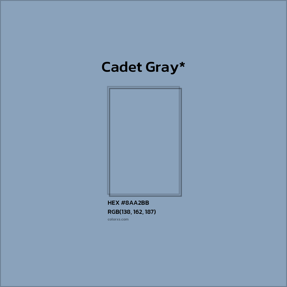#8AA2BB hex color. RGB, RYB, CMYK, HSL, HSV codes and color conversions. Matching color names, palettes, paints.