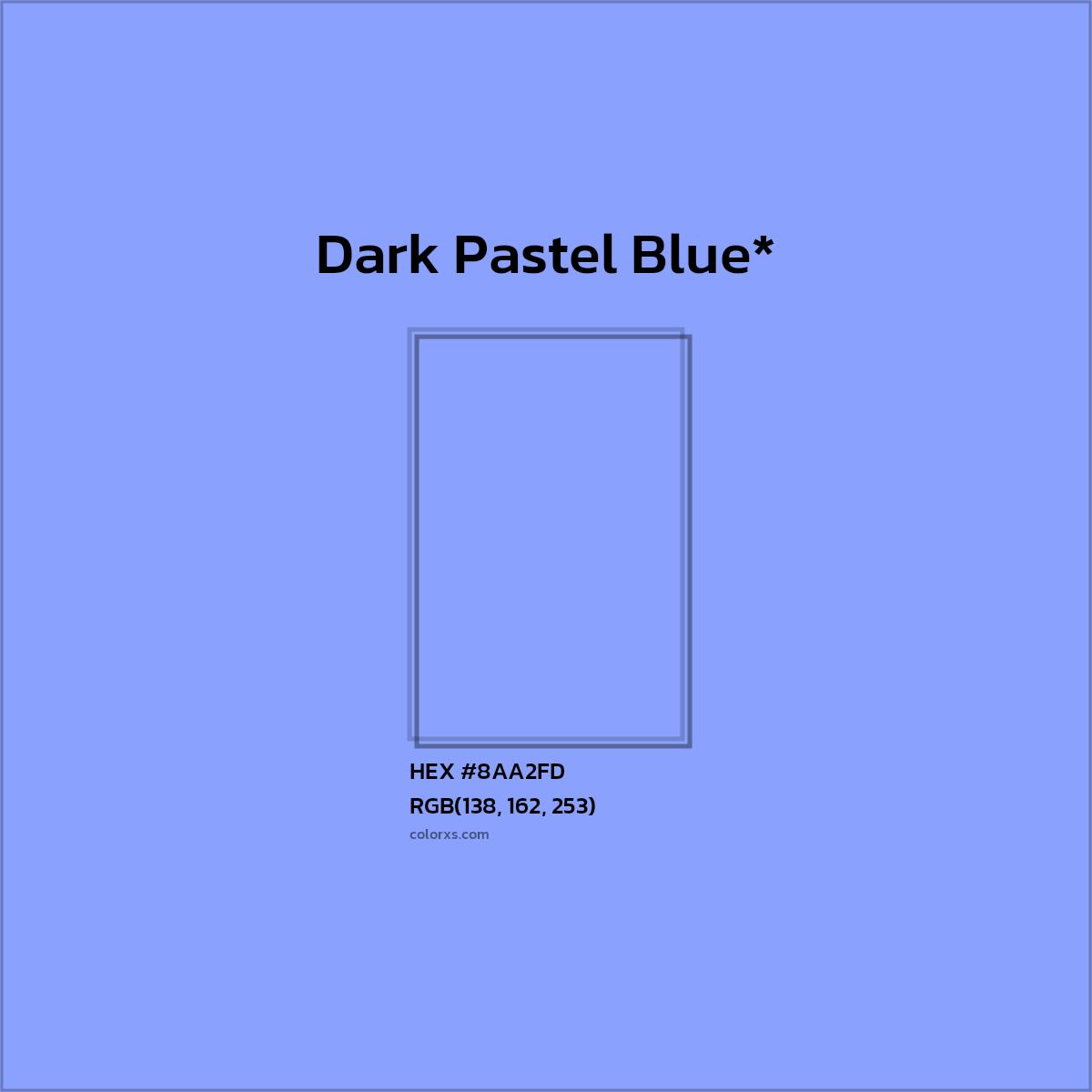 #8AA2FD hex color. RGB, RYB, CMYK, HSL, HSV codes and color conversions. Matching color names, palettes, paints.
