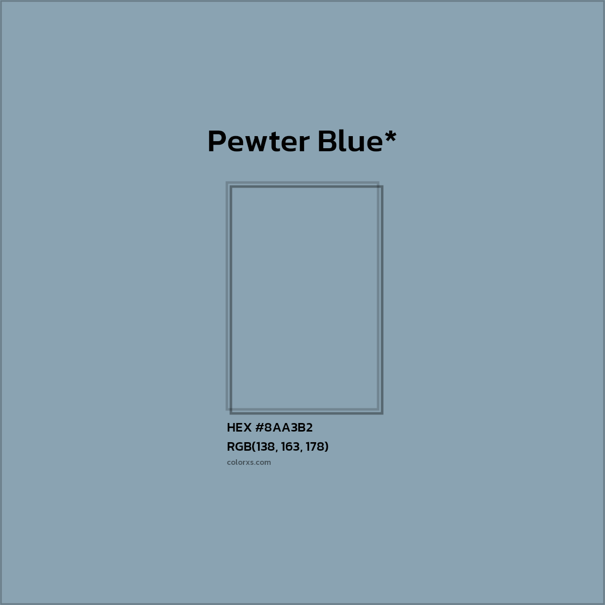 #8AA3B2 hex color. RGB, RYB, CMYK, HSL, HSV codes and color conversions. Matching color names, palettes, paints.