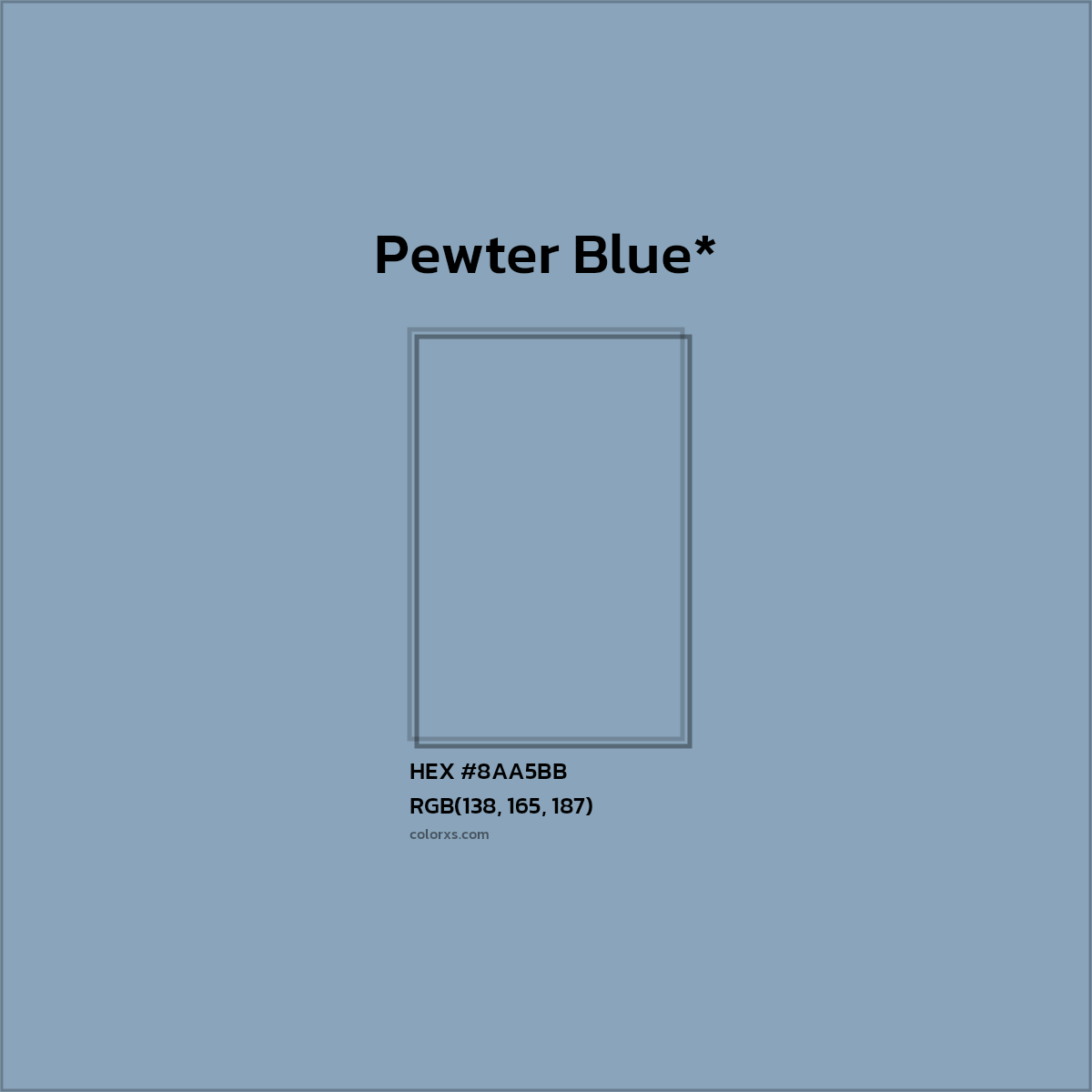 #8AA5BB hex color. RGB, RYB, CMYK, HSL, HSV codes and color conversions. Matching color names, palettes, paints.