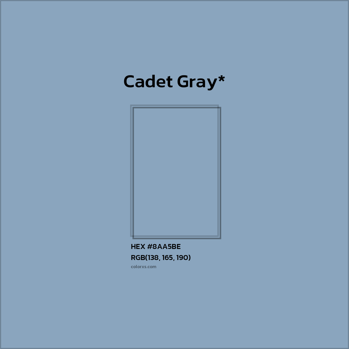 #8AA5BE hex color. RGB, RYB, CMYK, HSL, HSV codes and color conversions. Matching color names, palettes, paints.