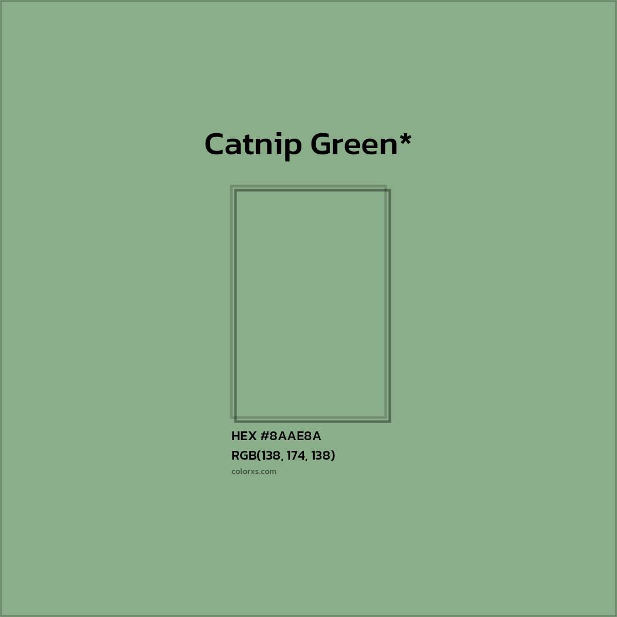 #8AAE8A hex color. RGB, RYB, CMYK, HSL, HSV codes and color conversions. Matching color names, palettes, paints.