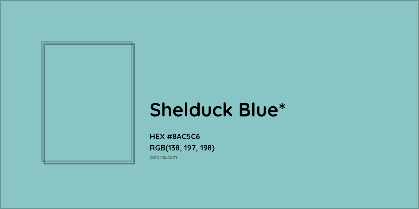 #8AC5C6 hex color. RGB, RYB, CMYK, HSL, HSV codes and color conversions. Matching color names, palettes, paints.