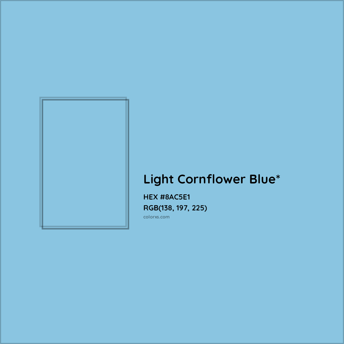 #8AC5E1 hex color. RGB, RYB, CMYK, HSL, HSV codes and color conversions. Matching color names, palettes, paints.