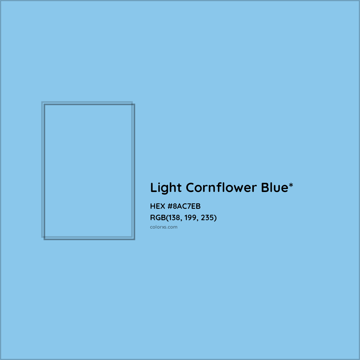 #8AC7EB hex color. RGB, RYB, CMYK, HSL, HSV codes and color conversions. Matching color names, palettes, paints.