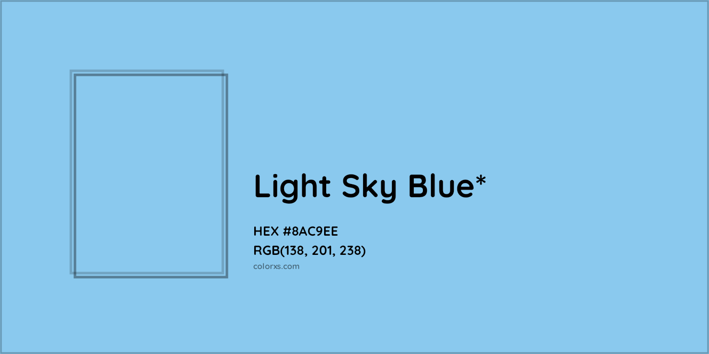 #8AC9EE hex color. RGB, RYB, CMYK, HSL, HSV codes and color conversions. Matching color names, palettes, paints.