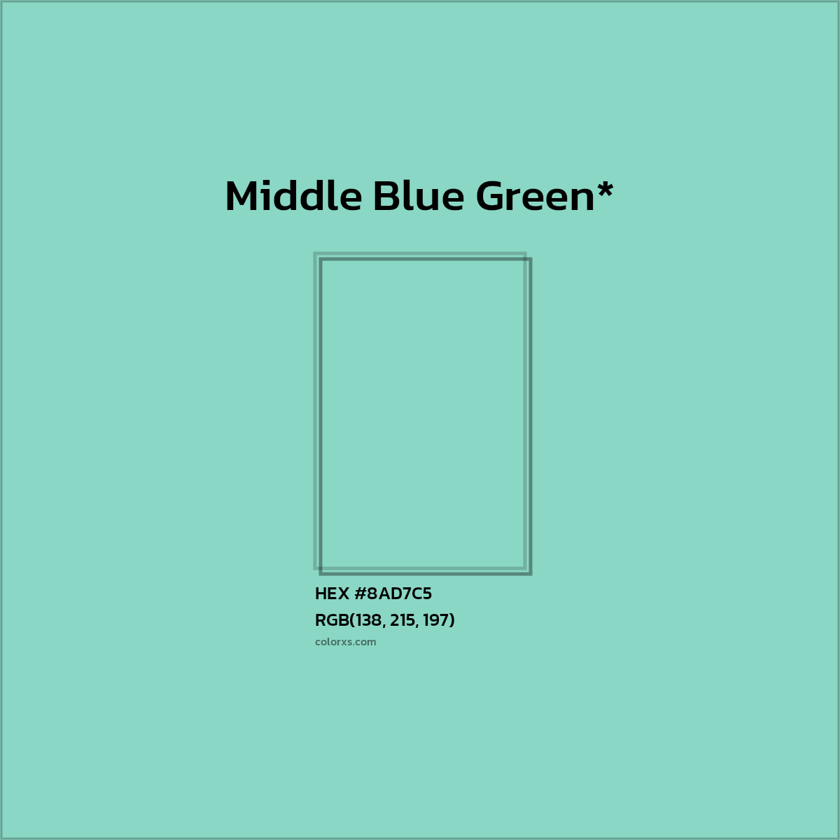 #8AD7C5 hex color. RGB, RYB, CMYK, HSL, HSV codes and color conversions. Matching color names, palettes, paints.