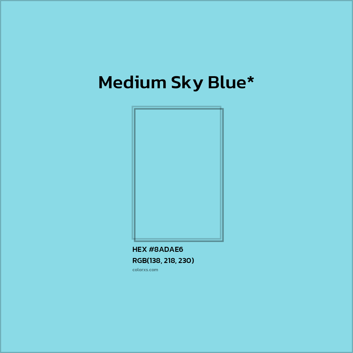 #8ADAE6 hex color. RGB, RYB, CMYK, HSL, HSV codes and color conversions. Matching color names, palettes, paints.