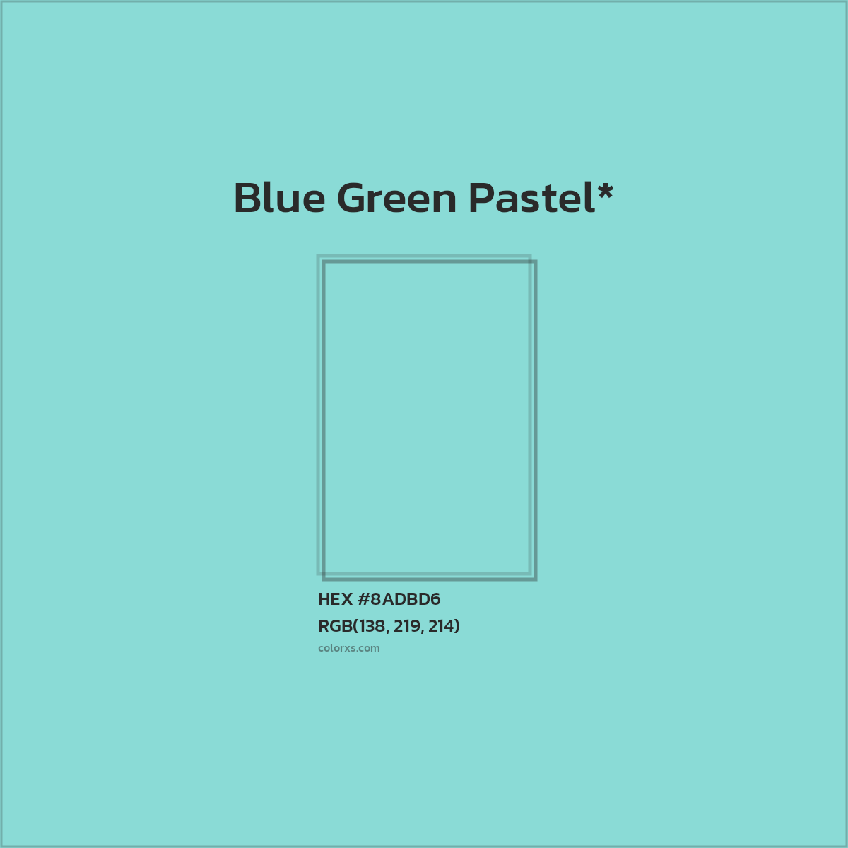 #8ADBD6 hex color. RGB, RYB, CMYK, HSL, HSV codes and color conversions. Matching color names, palettes, paints.