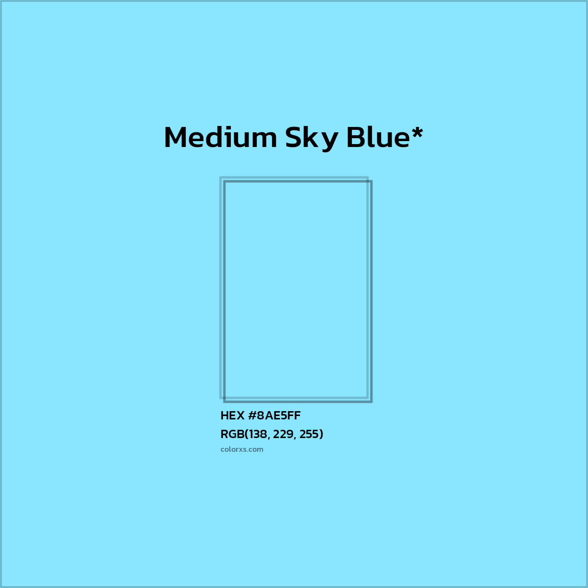 #8AE5FF hex color. RGB, RYB, CMYK, HSL, HSV codes and color conversions. Matching color names, palettes, paints.