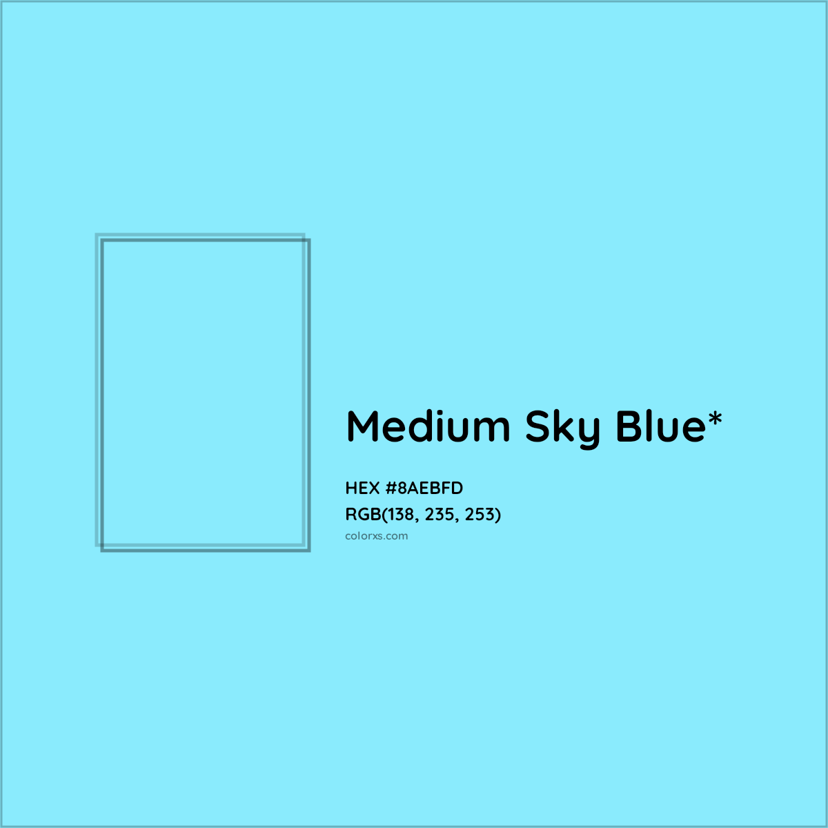 #8AEBFD hex color. RGB, RYB, CMYK, HSL, HSV codes and color conversions. Matching color names, palettes, paints.