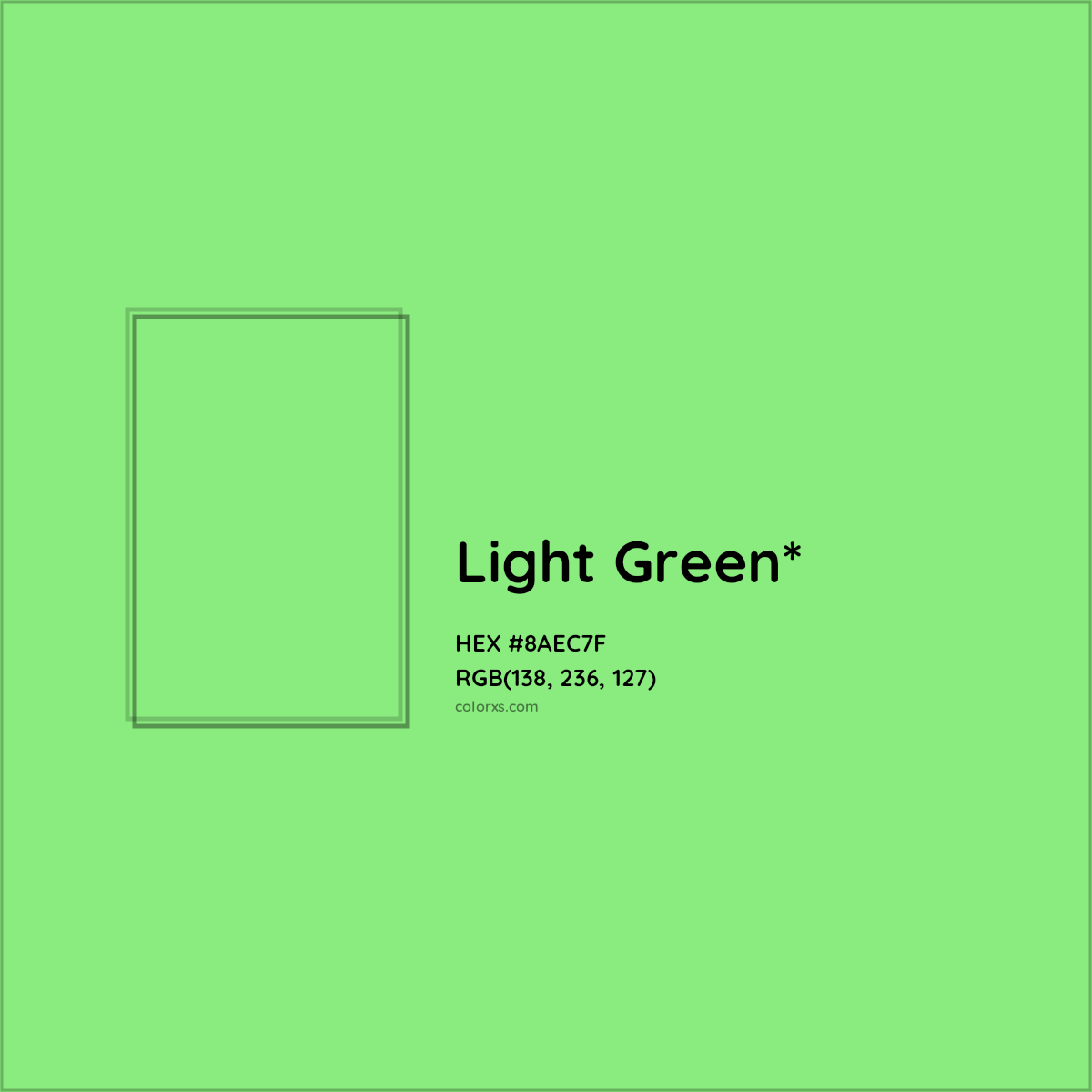 #8AEC7F hex color. RGB, RYB, CMYK, HSL, HSV codes and color conversions. Matching color names, palettes, paints.