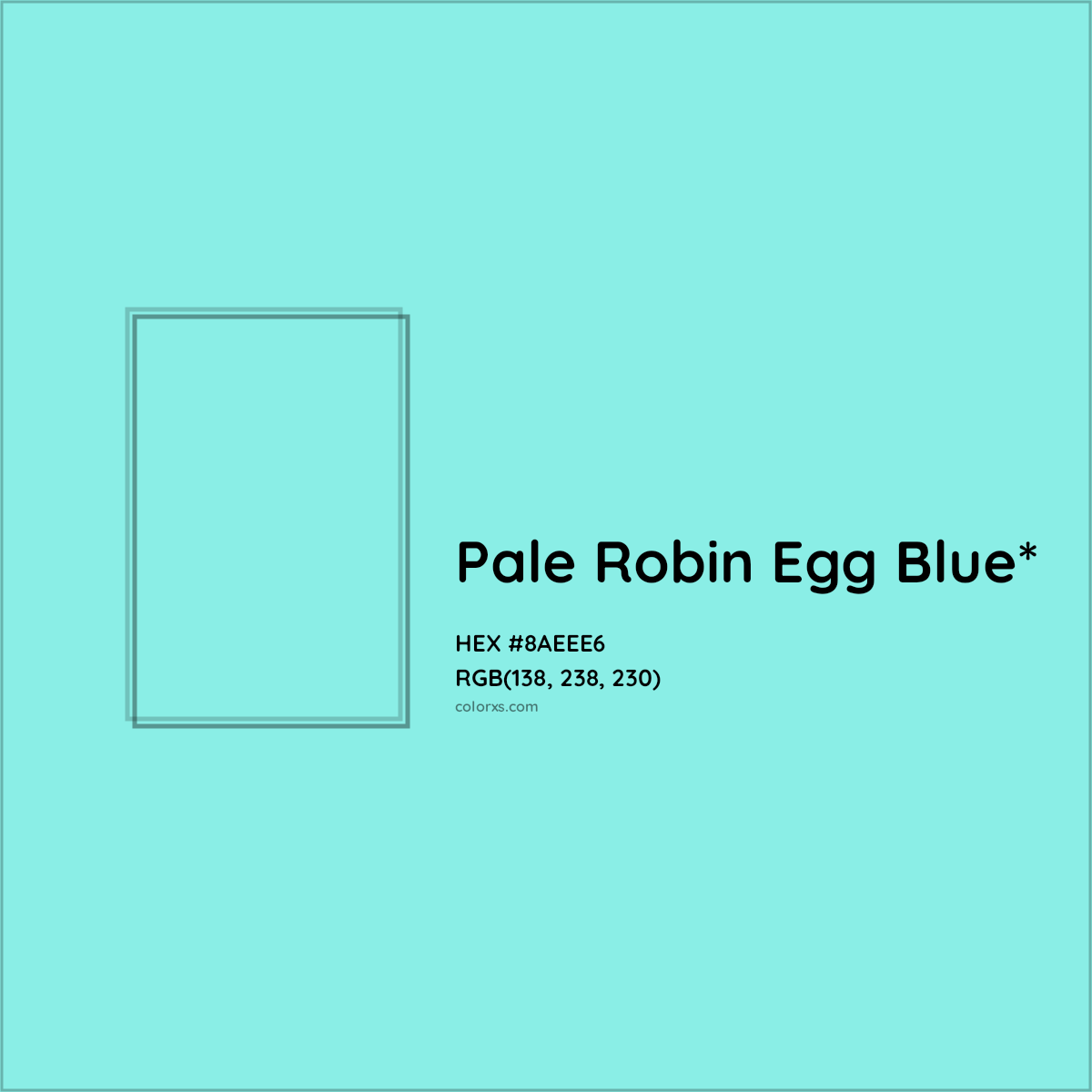 #8AEEE6 hex color. RGB, RYB, CMYK, HSL, HSV codes and color conversions. Matching color names, palettes, paints.