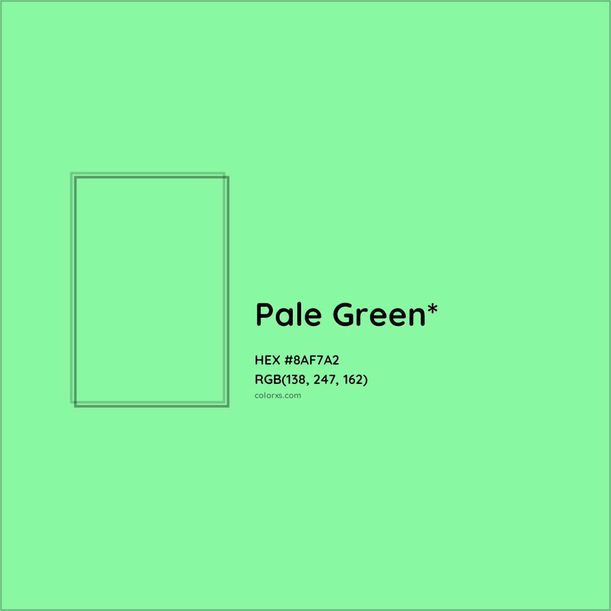 #8AF7A2 hex color. RGB, RYB, CMYK, HSL, HSV codes and color conversions. Matching color names, palettes, paints.