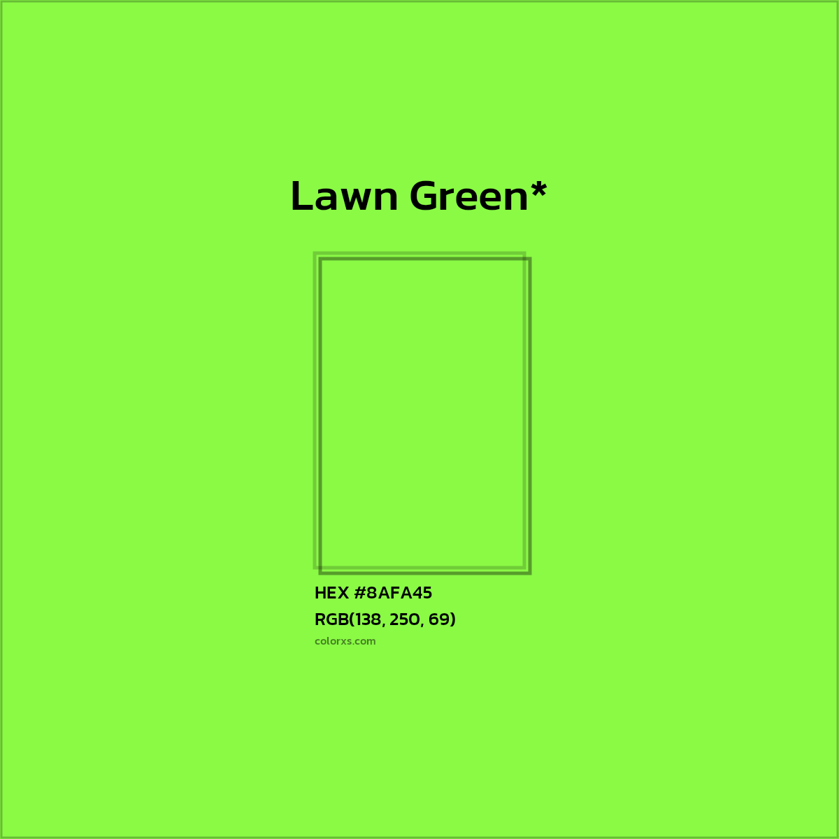 #8AFA45 hex color. RGB, RYB, CMYK, HSL, HSV codes and color conversions. Matching color names, palettes, paints.