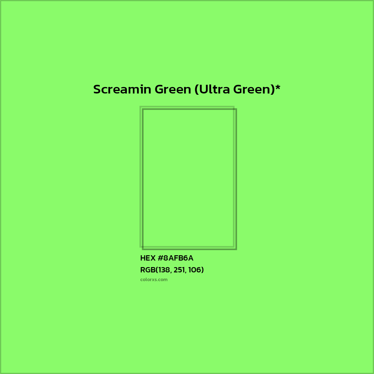 #8AFB6A hex color. RGB, RYB, CMYK, HSL, HSV codes and color conversions. Matching color names, palettes, paints.