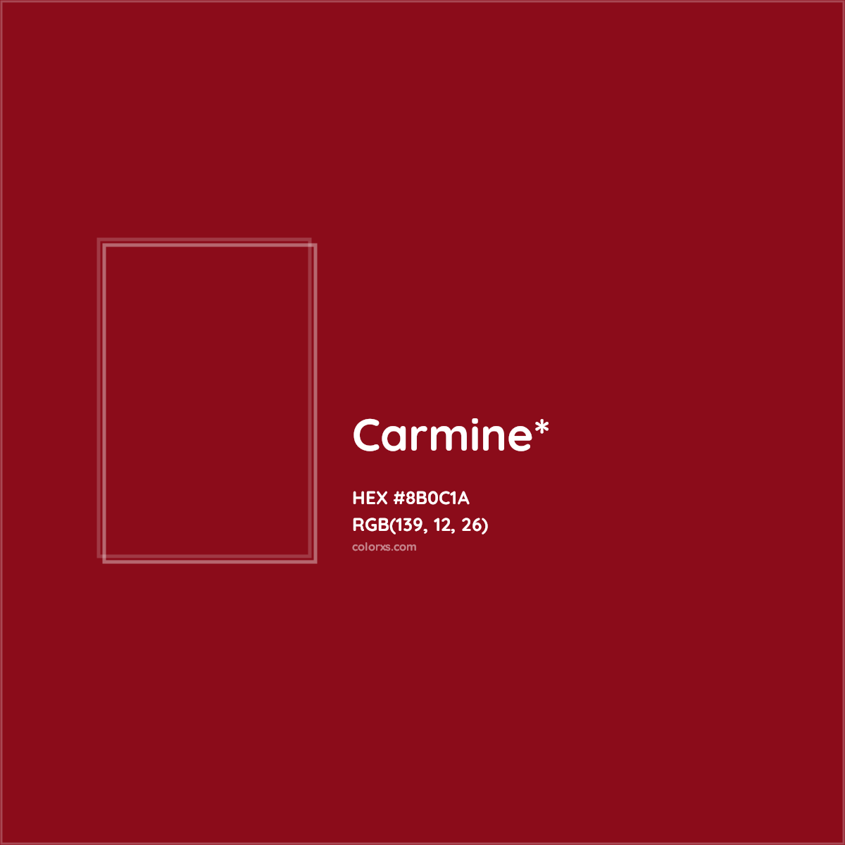 #8B0C1A hex color. RGB, RYB, CMYK, HSL, HSV codes and color conversions. Matching color names, palettes, paints.