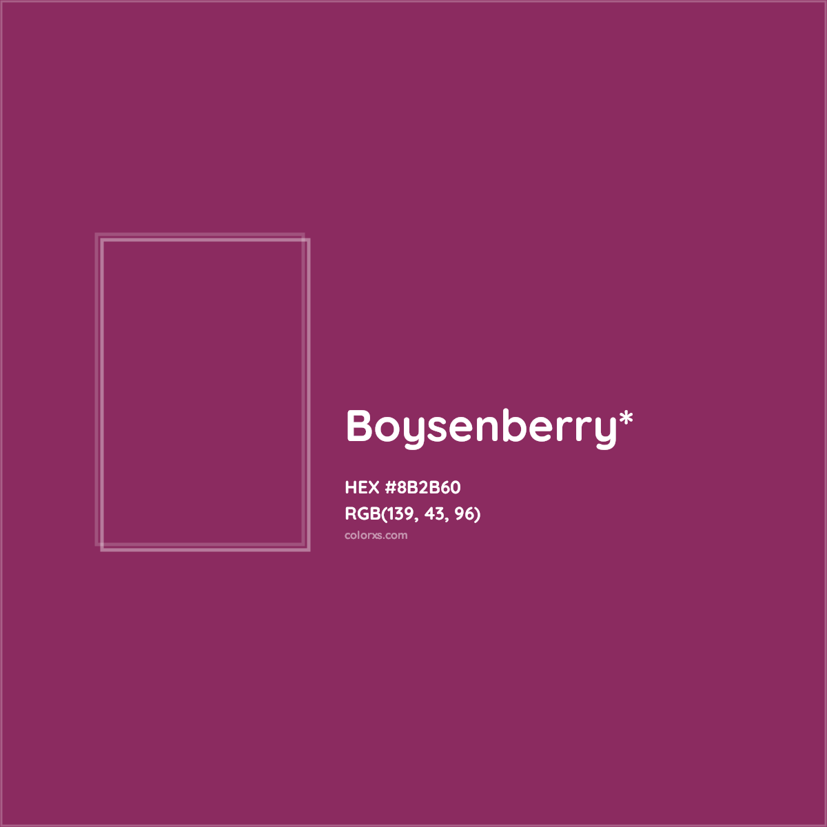 #8B2B60 hex color. RGB, RYB, CMYK, HSL, HSV codes and color conversions. Matching color names, palettes, paints.