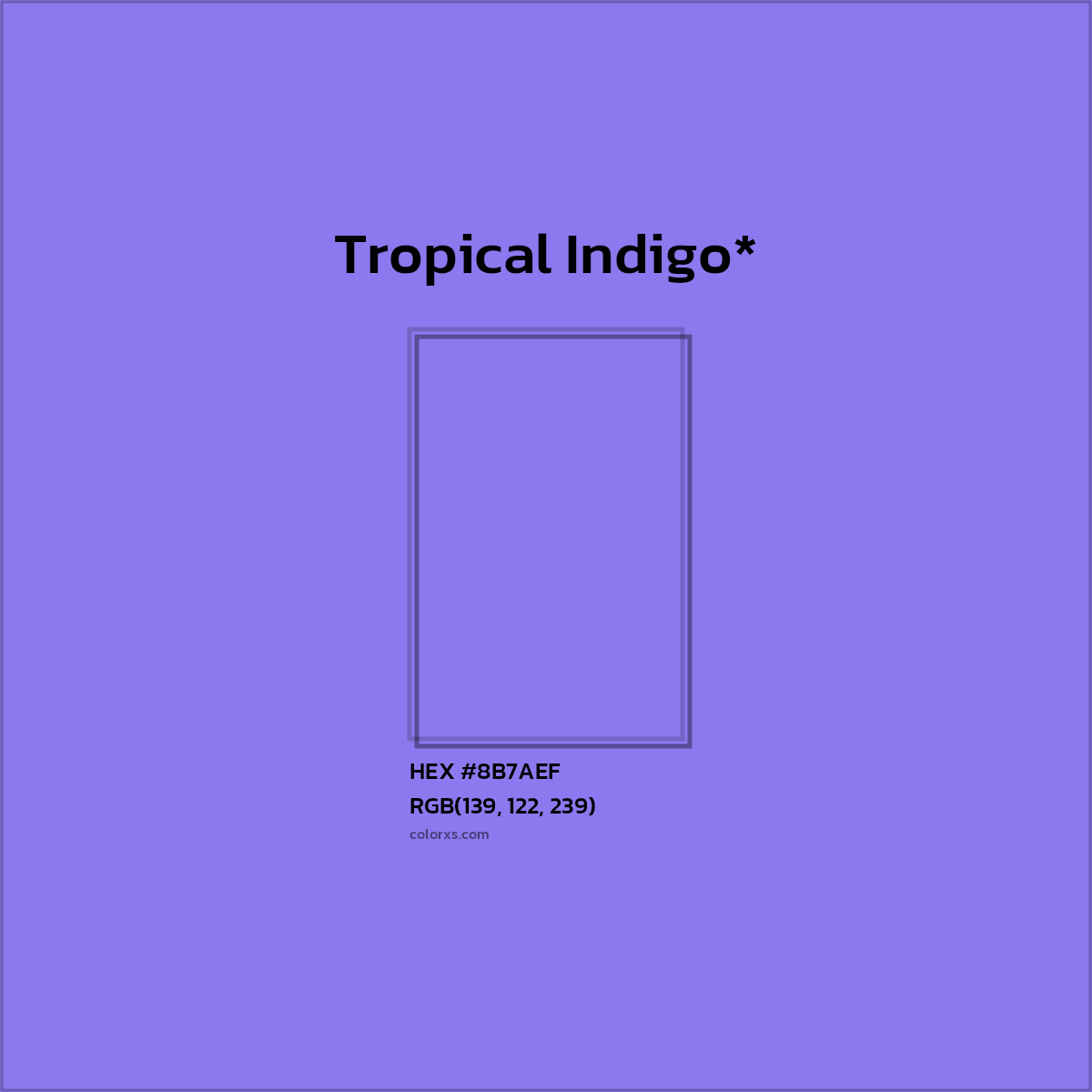 #8B7AEF hex color. RGB, RYB, CMYK, HSL, HSV codes and color conversions. Matching color names, palettes, paints.