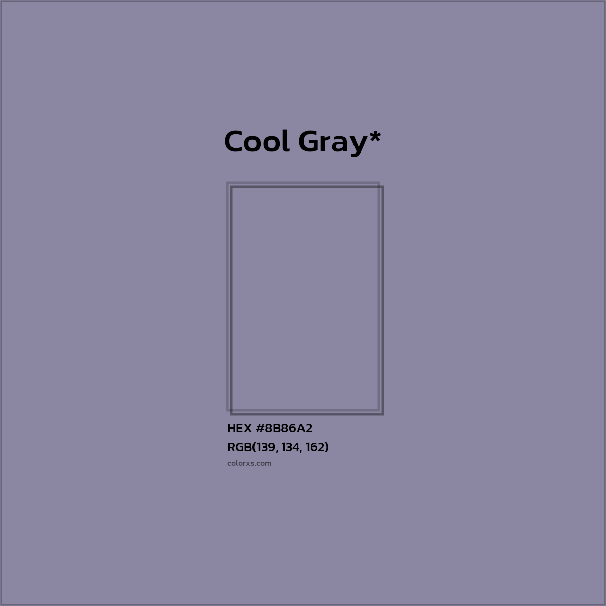 #8B86A2 hex color. RGB, RYB, CMYK, HSL, HSV codes and color conversions. Matching color names, palettes, paints.