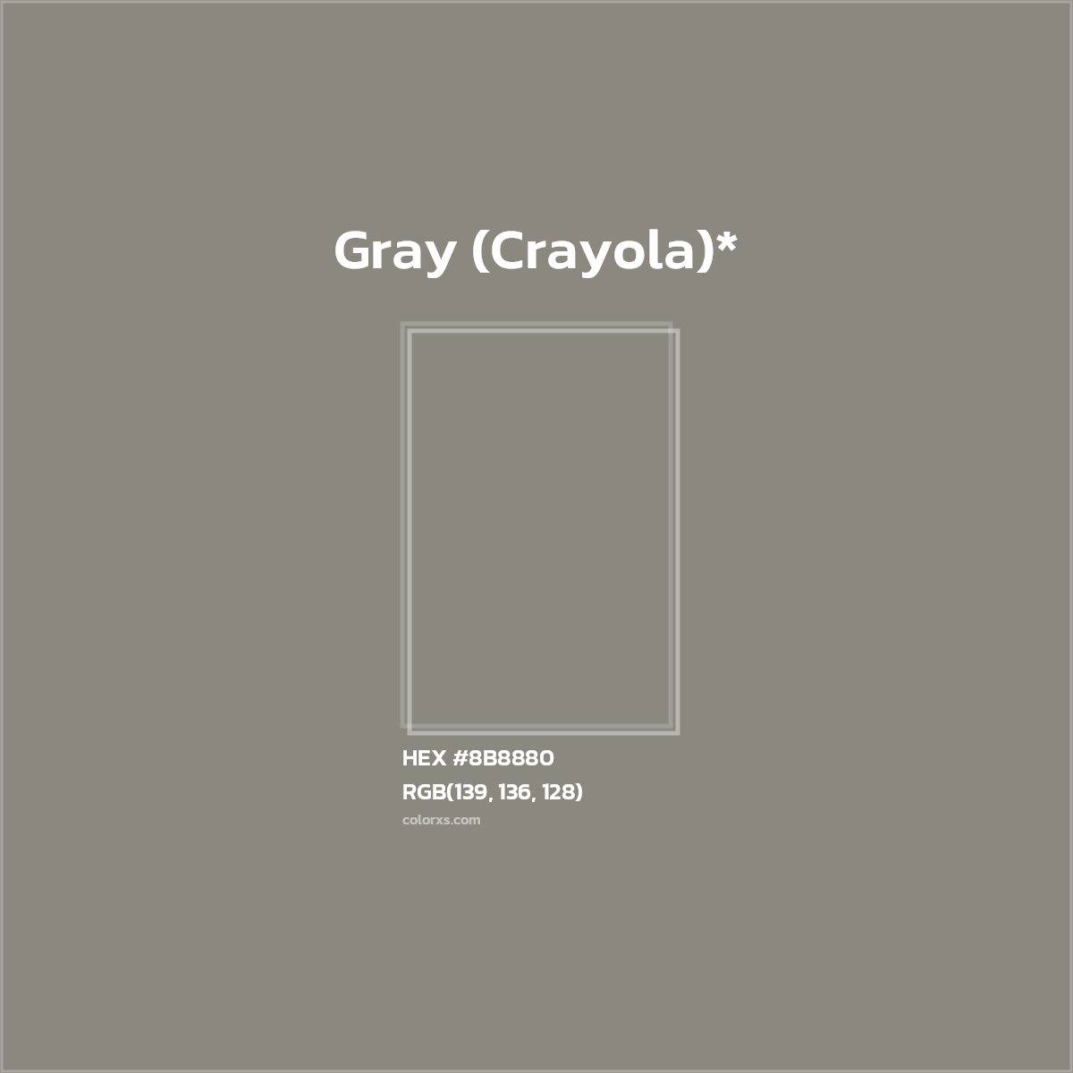 #8B8880 hex color. RGB, RYB, CMYK, HSL, HSV codes and color conversions. Matching color names, palettes, paints.
