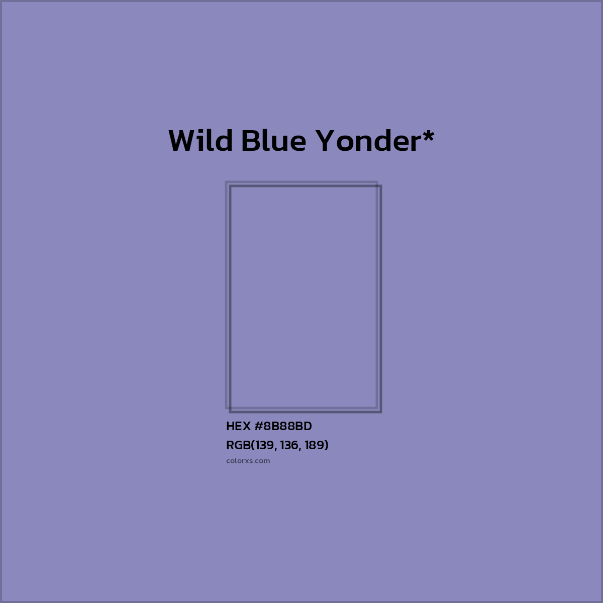 #8B88BD hex color. RGB, RYB, CMYK, HSL, HSV codes and color conversions. Matching color names, palettes, paints.