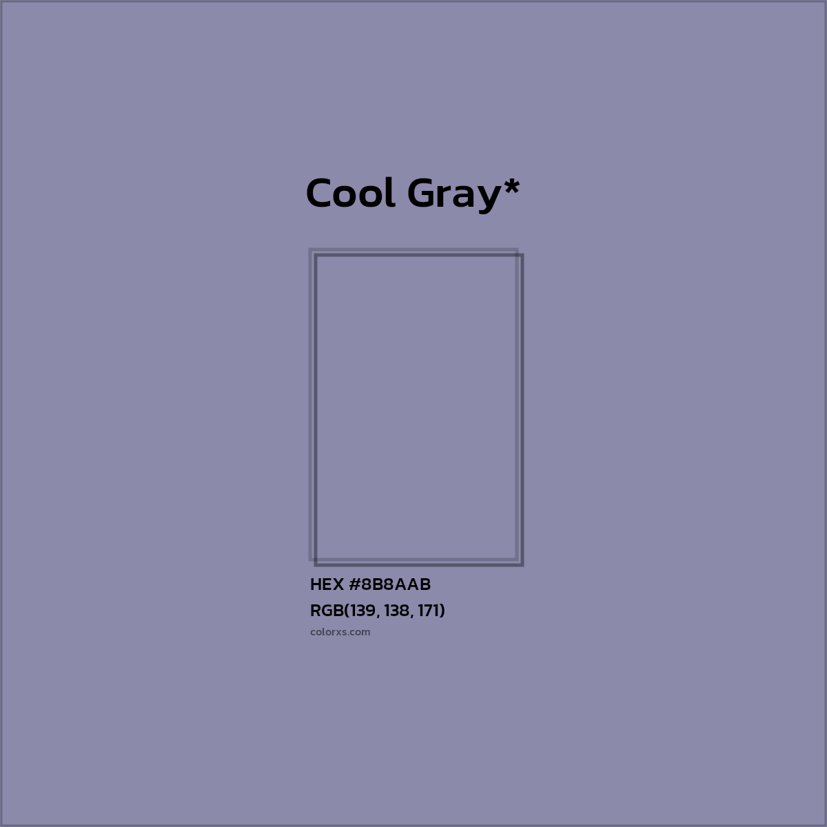 #8B8AAB hex color. RGB, RYB, CMYK, HSL, HSV codes and color conversions. Matching color names, palettes, paints.