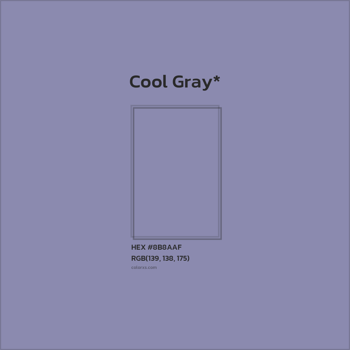 #8B8AAF hex color. RGB, RYB, CMYK, HSL, HSV codes and color conversions. Matching color names, palettes, paints.
