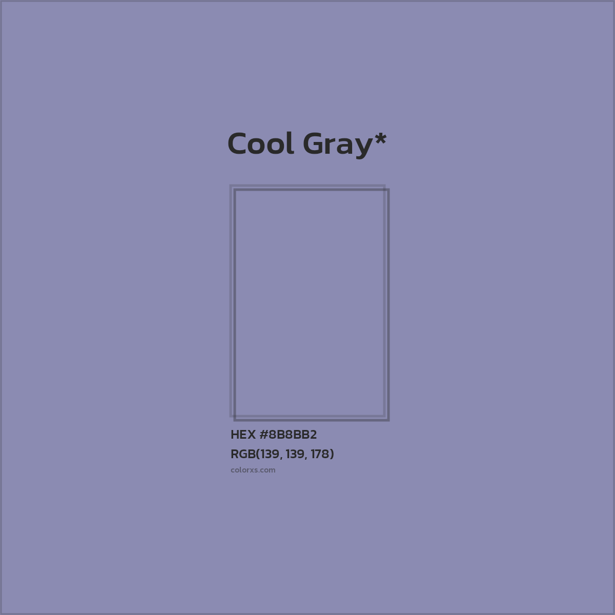 #8B8BB2 hex color. RGB, RYB, CMYK, HSL, HSV codes and color conversions. Matching color names, palettes, paints.