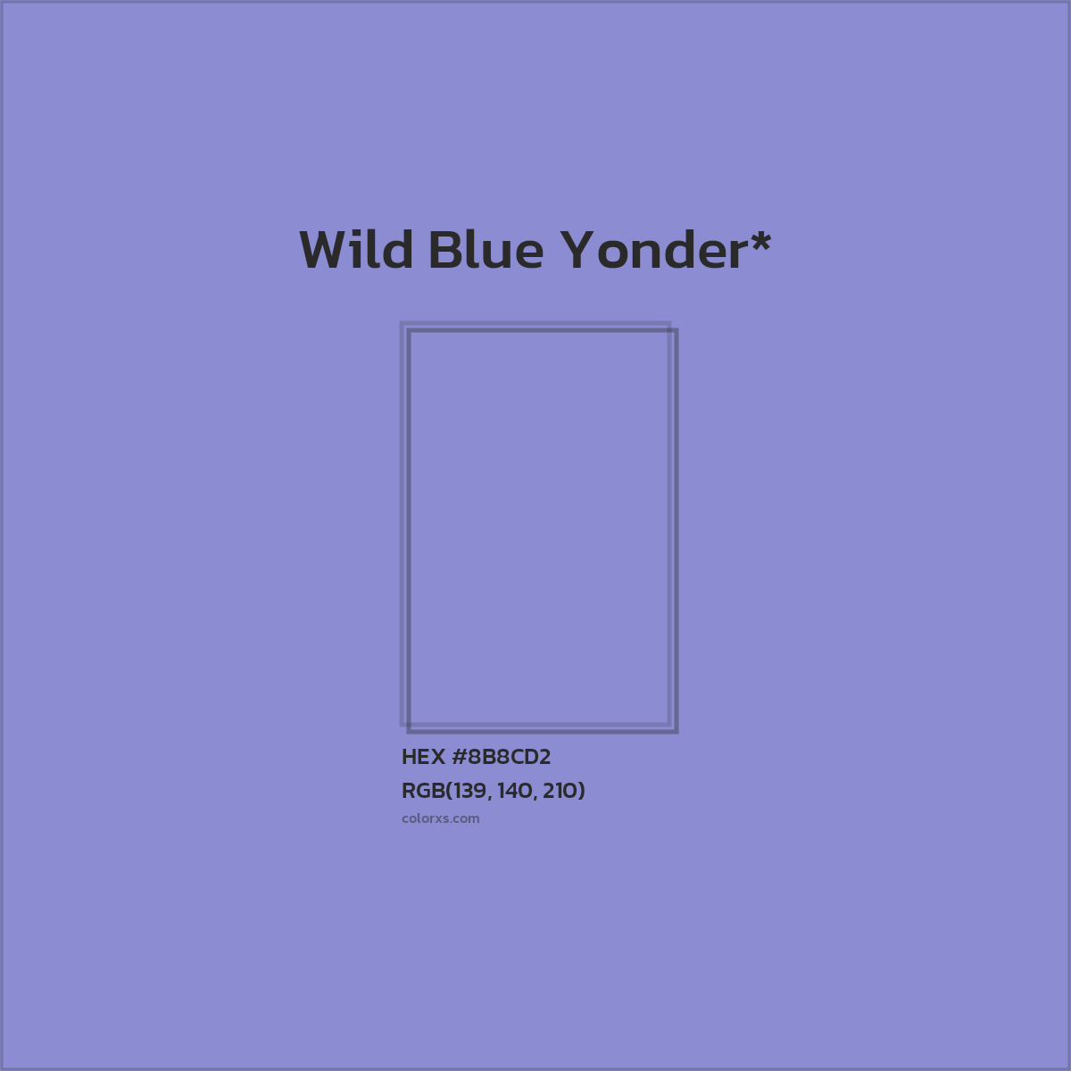 #8B8CD2 hex color. RGB, RYB, CMYK, HSL, HSV codes and color conversions. Matching color names, palettes, paints.