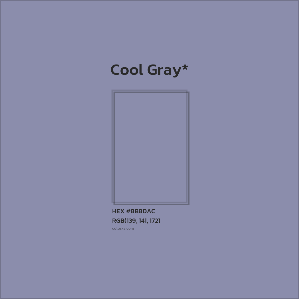 #8B8DAC hex color. RGB, RYB, CMYK, HSL, HSV codes and color conversions. Matching color names, palettes, paints.