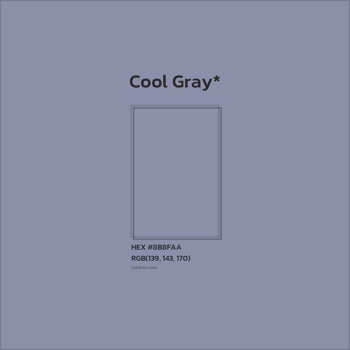 #8B8FAA hex color. RGB, RYB, CMYK, HSL, HSV codes and color conversions. Matching color names, palettes, paints.