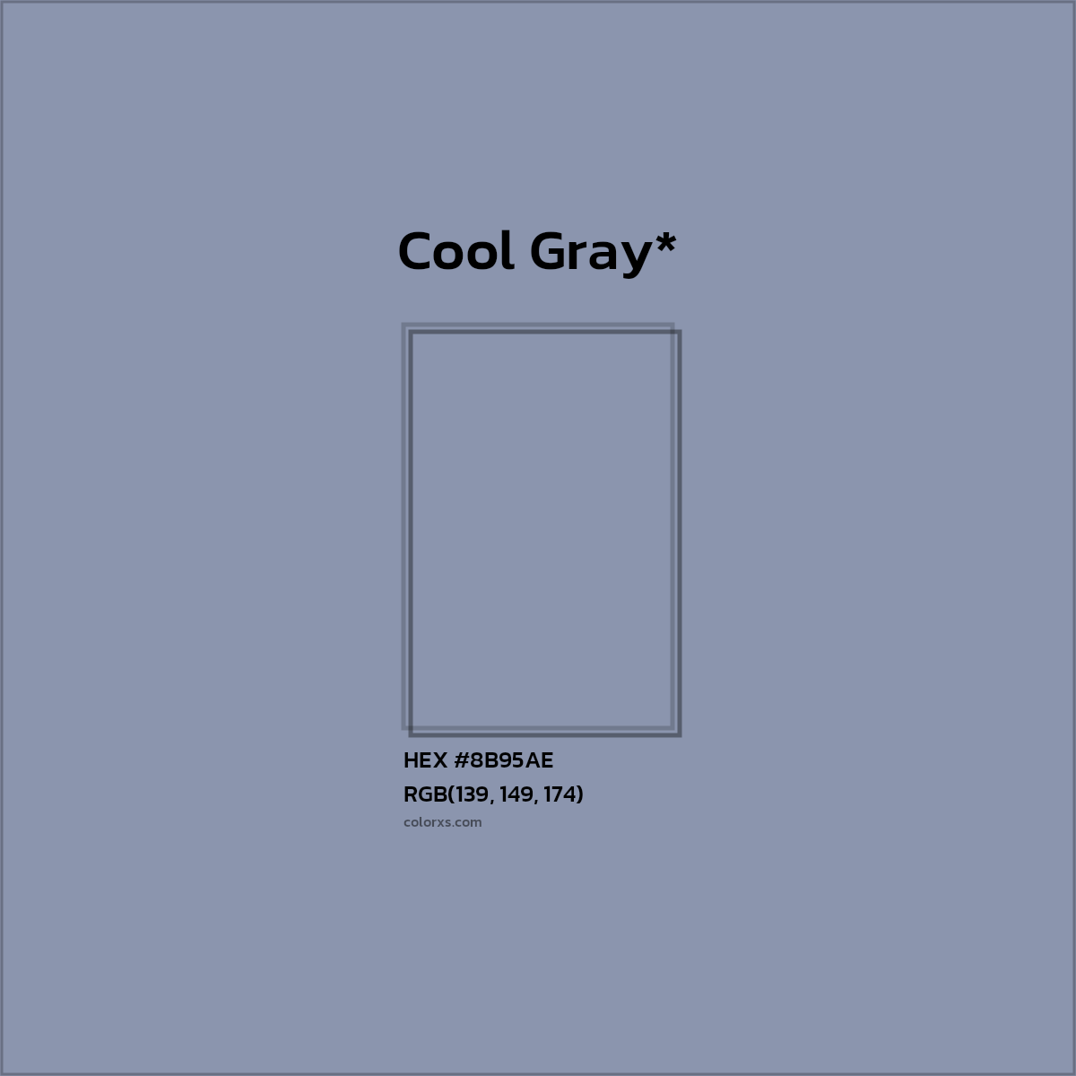 #8B95AE hex color. RGB, RYB, CMYK, HSL, HSV codes and color conversions. Matching color names, palettes, paints.