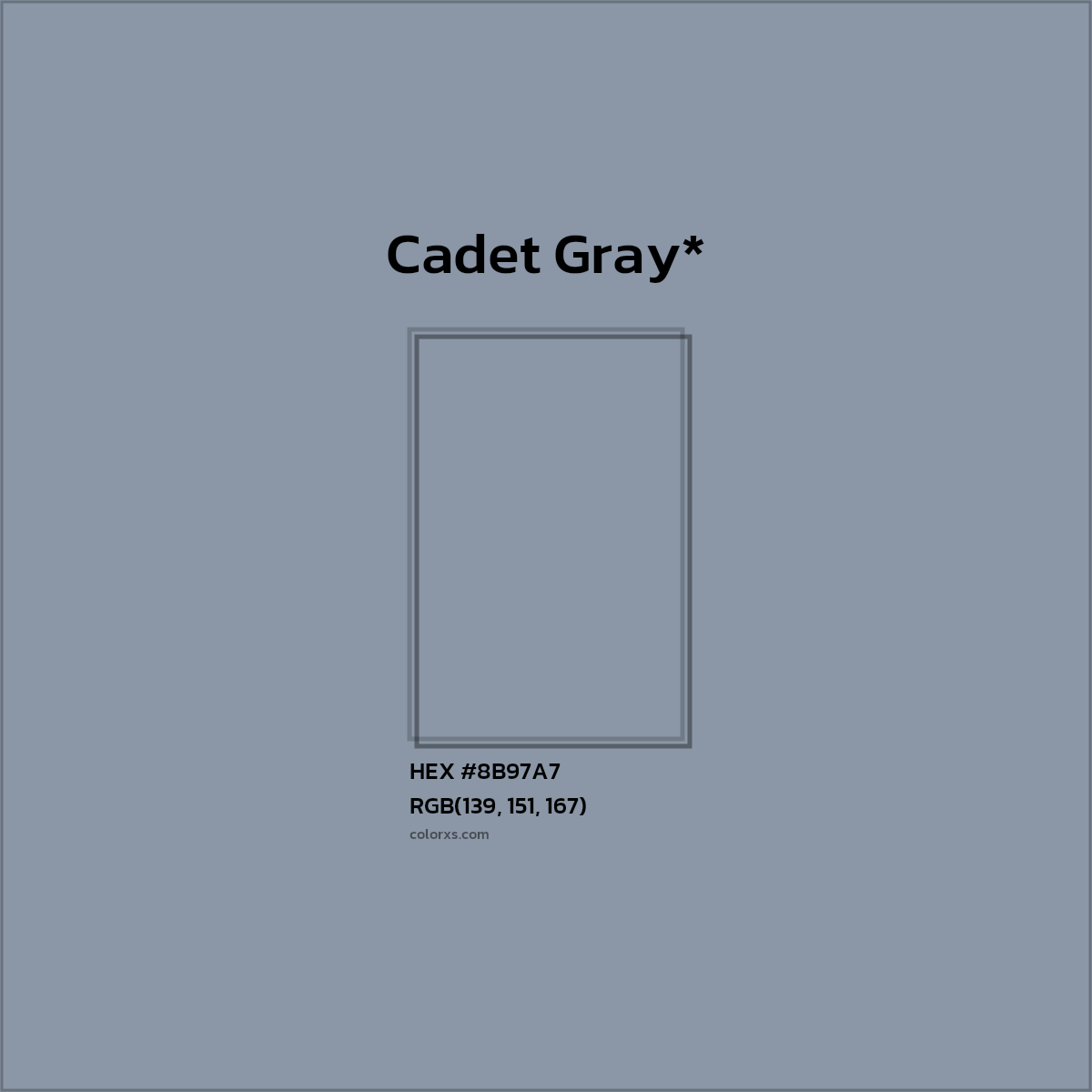 #8B97A7 hex color. RGB, RYB, CMYK, HSL, HSV codes and color conversions. Matching color names, palettes, paints.