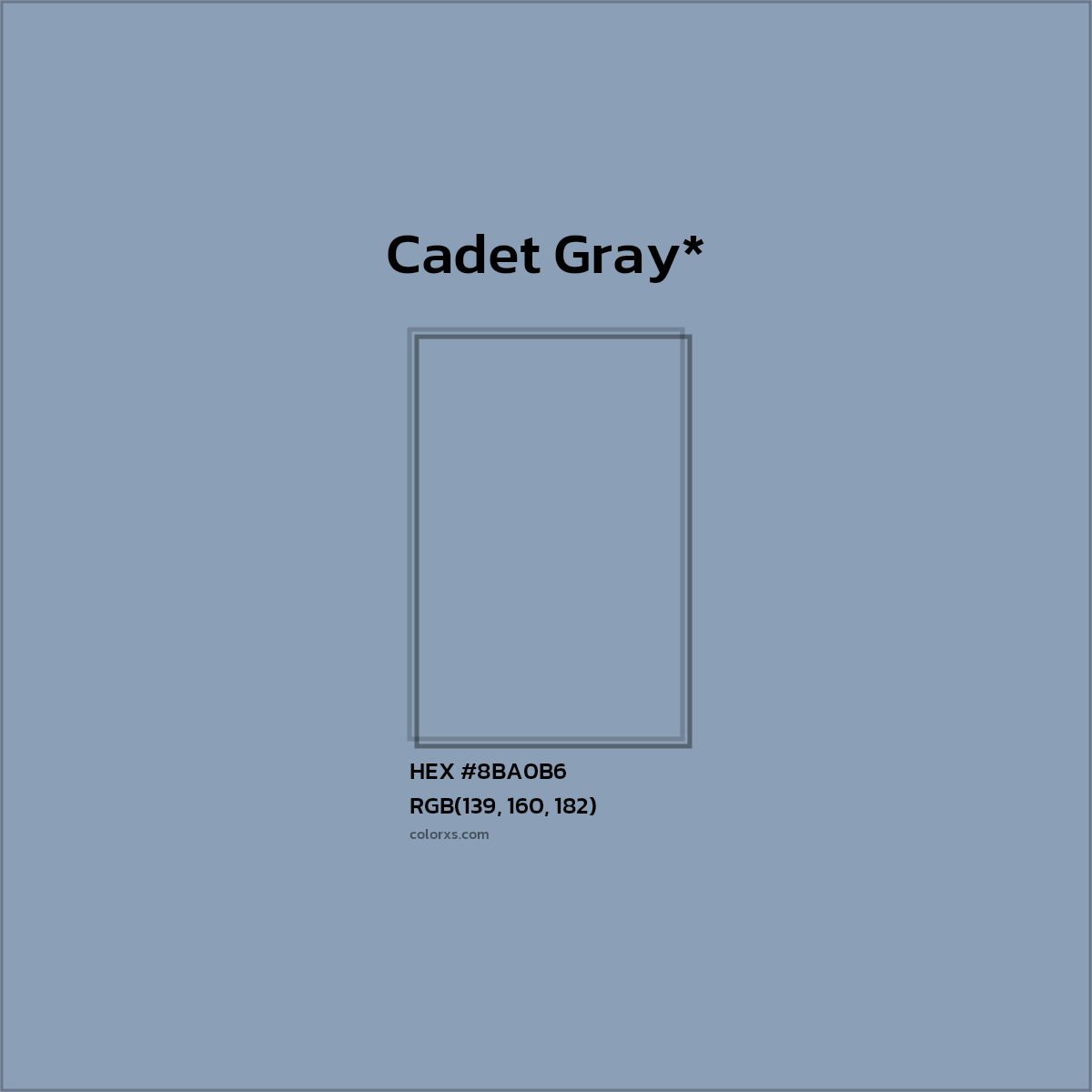 #8BA0B6 hex color. RGB, RYB, CMYK, HSL, HSV codes and color conversions. Matching color names, palettes, paints.