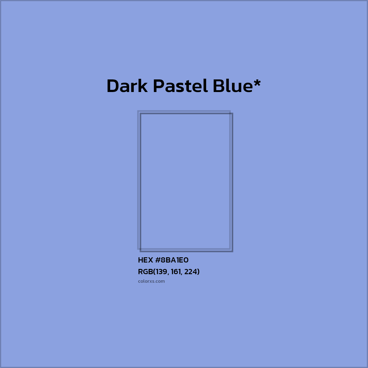 #8BA1E0 hex color. RGB, RYB, CMYK, HSL, HSV codes and color conversions. Matching color names, palettes, paints.