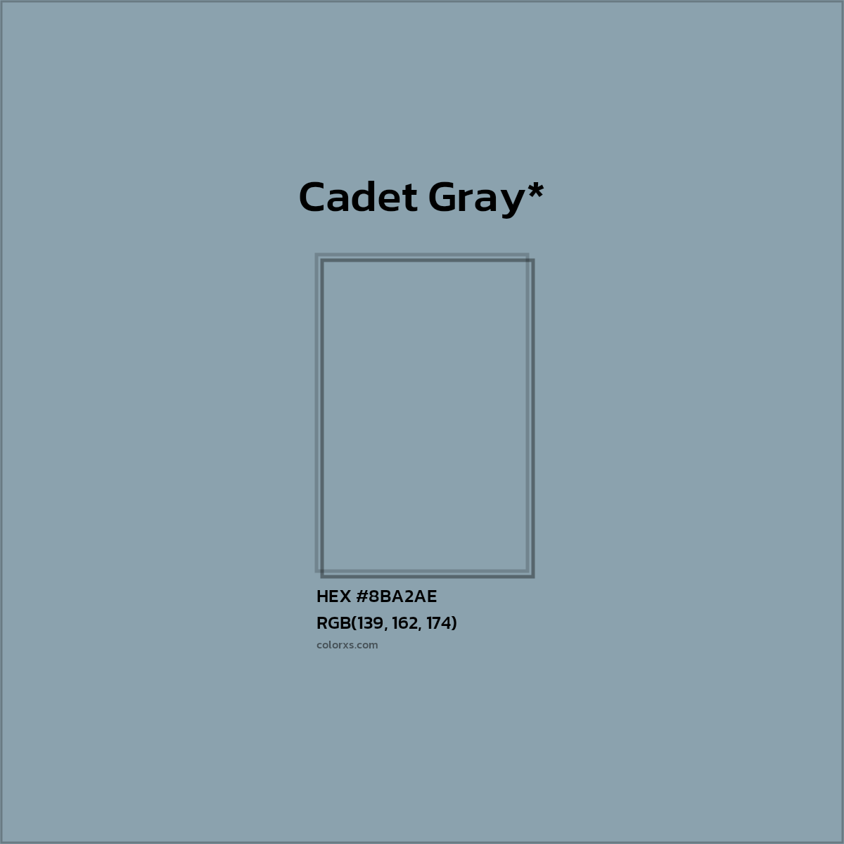 #8BA2AE hex color. RGB, RYB, CMYK, HSL, HSV codes and color conversions. Matching color names, palettes, paints.