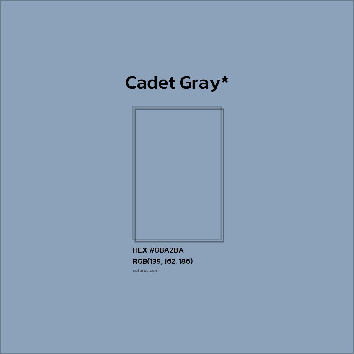 #8BA2BA hex color. RGB, RYB, CMYK, HSL, HSV codes and color conversions. Matching color names, palettes, paints.