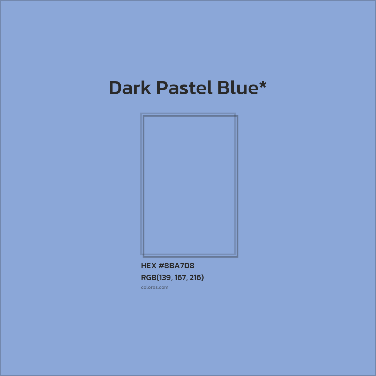 #8BA7D8 hex color. RGB, RYB, CMYK, HSL, HSV codes and color conversions. Matching color names, palettes, paints.