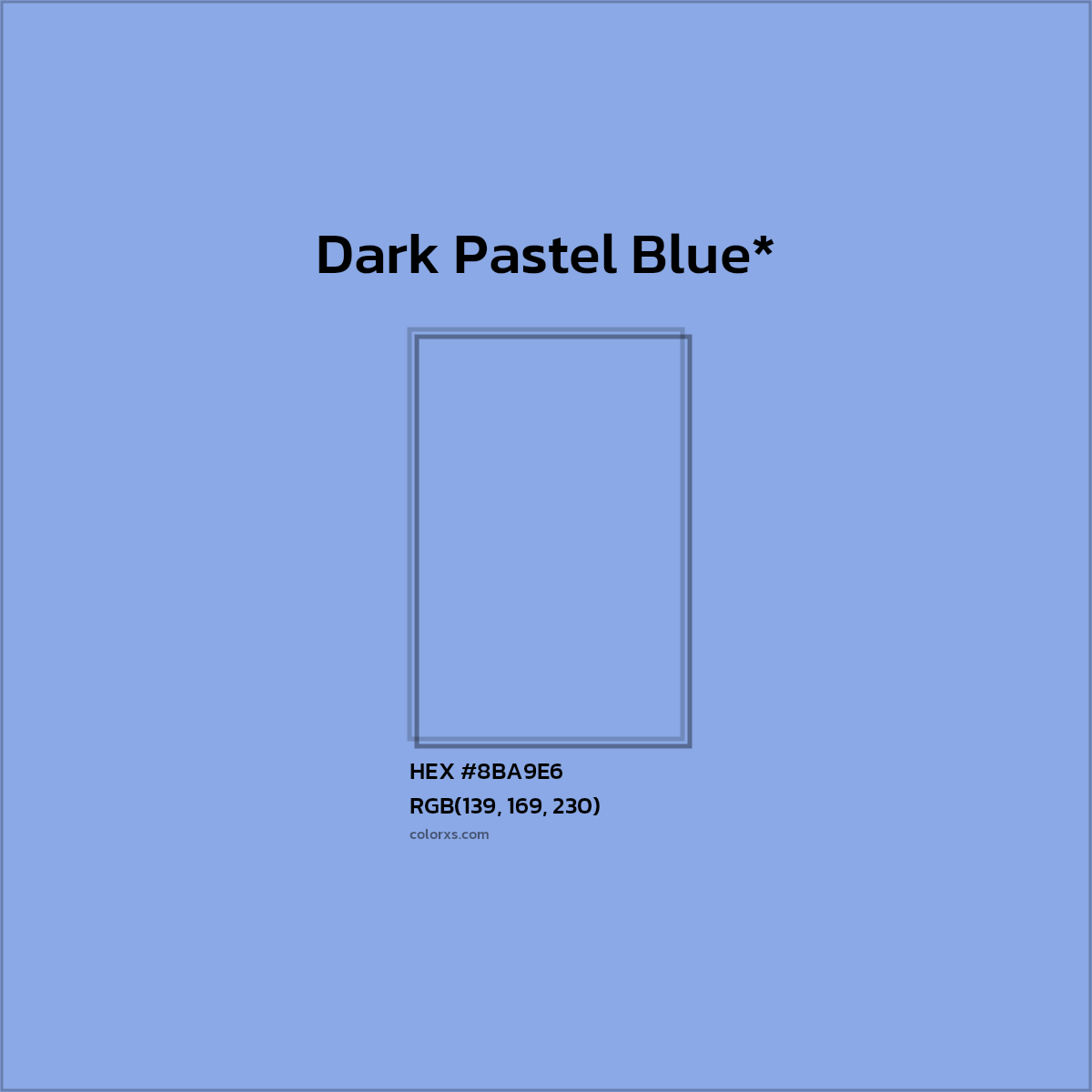 #8BA9E6 hex color. RGB, RYB, CMYK, HSL, HSV codes and color conversions. Matching color names, palettes, paints.