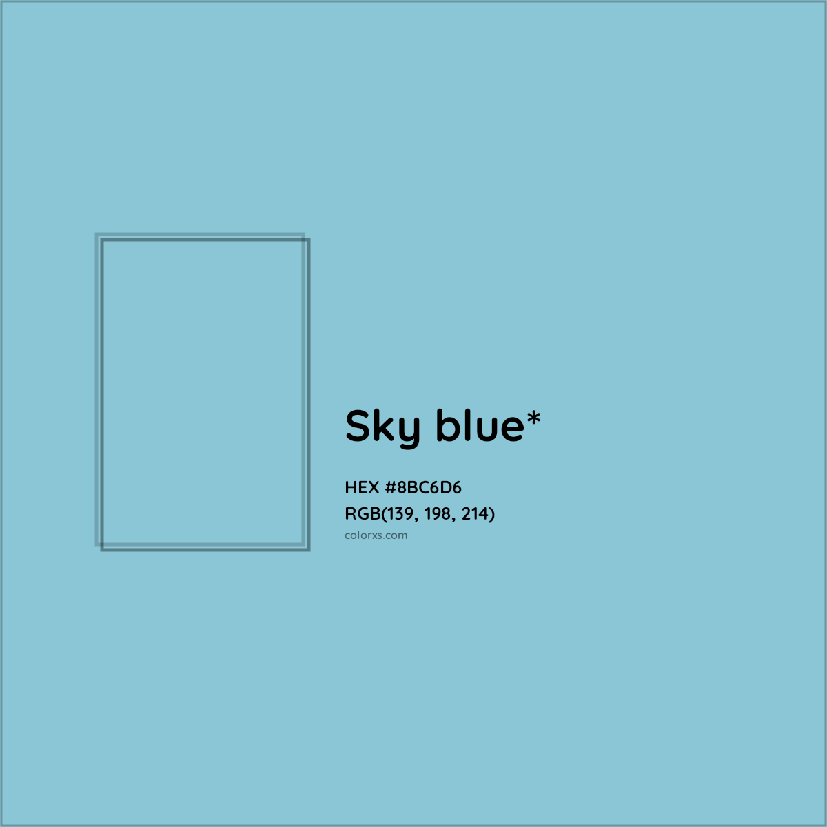 #8BC6D6 hex color. RGB, RYB, CMYK, HSL, HSV codes and color conversions. Matching color names, palettes, paints.