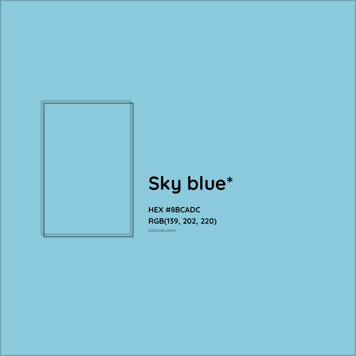 #8BCADC hex color. RGB, RYB, CMYK, HSL, HSV codes and color conversions. Matching color names, palettes, paints.