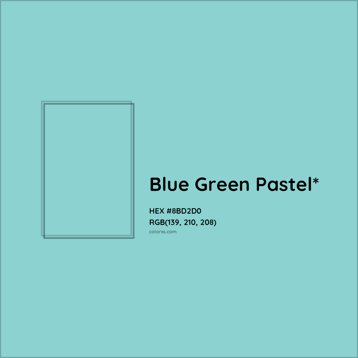 #8BD2D0 hex color. RGB, RYB, CMYK, HSL, HSV codes and color conversions. Matching color names, palettes, paints.