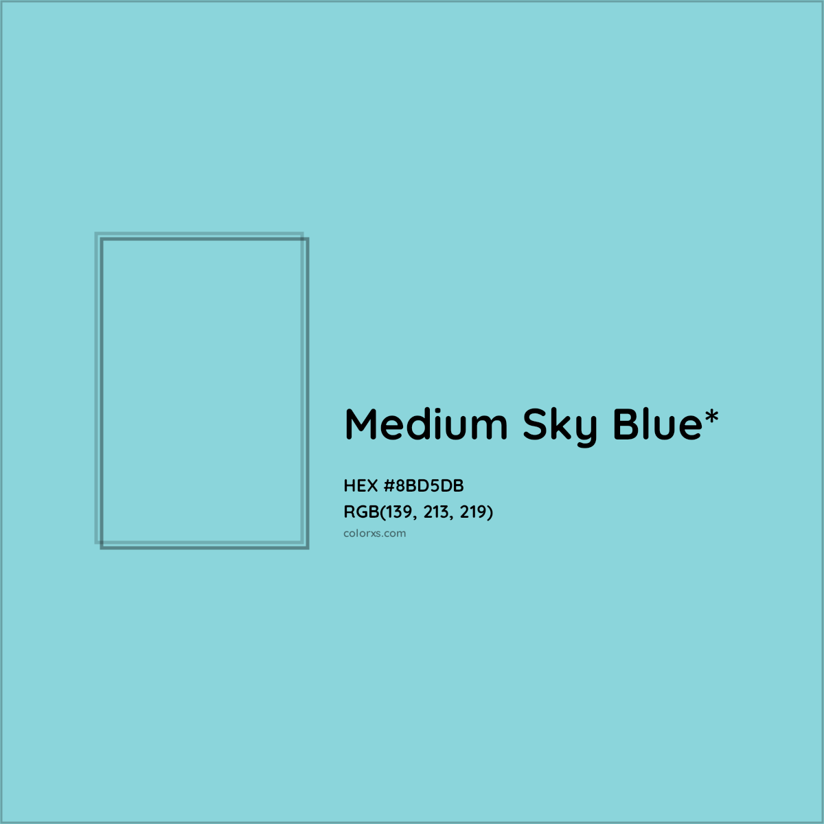 #8BD5DB hex color. RGB, RYB, CMYK, HSL, HSV codes and color conversions. Matching color names, palettes, paints.