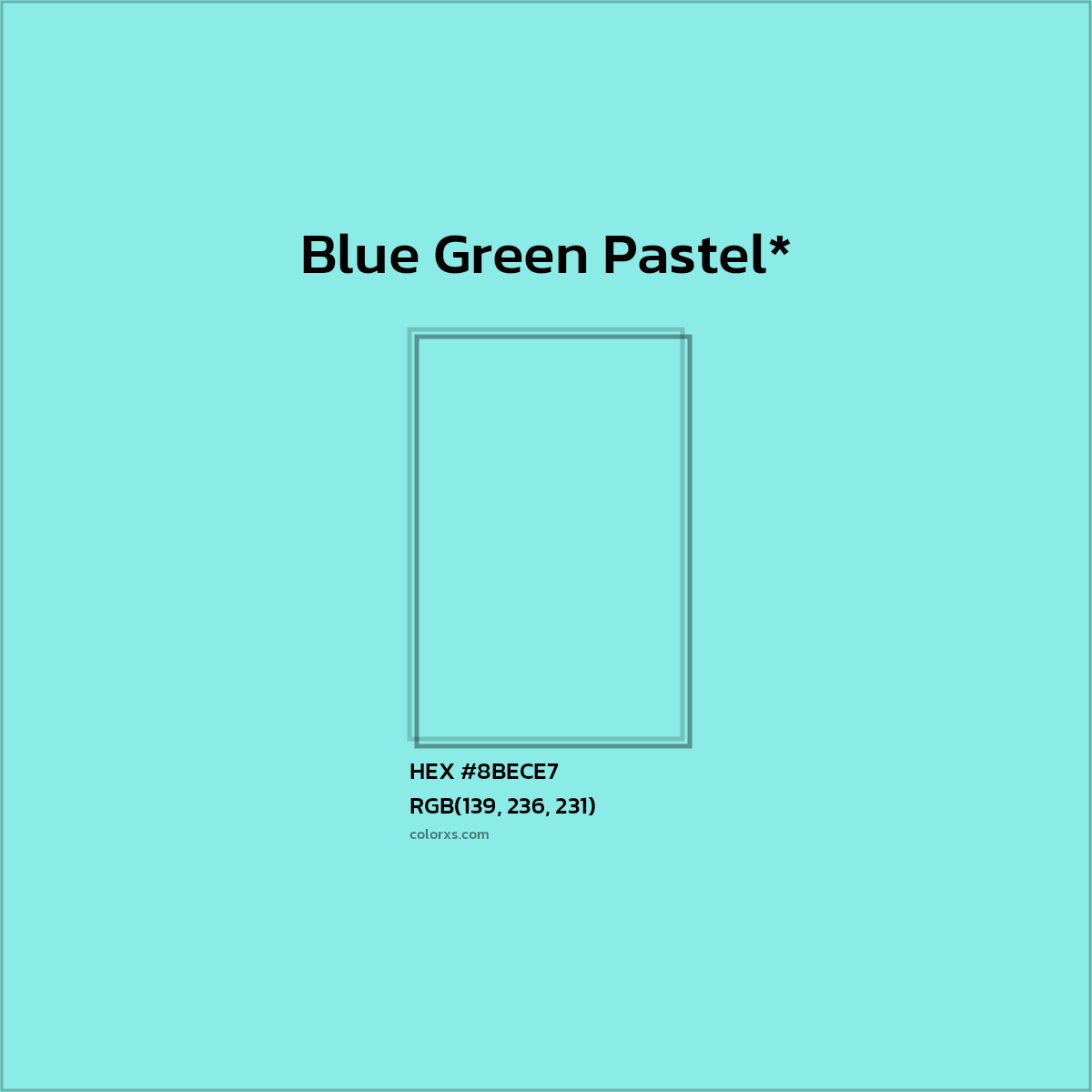 #8BECE7 hex color. RGB, RYB, CMYK, HSL, HSV codes and color conversions. Matching color names, palettes, paints.
