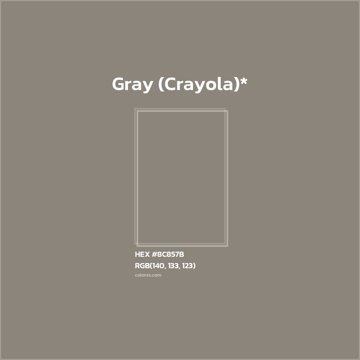 #8C857B hex color. RGB, RYB, CMYK, HSL, HSV codes and color conversions. Matching color names, palettes, paints.