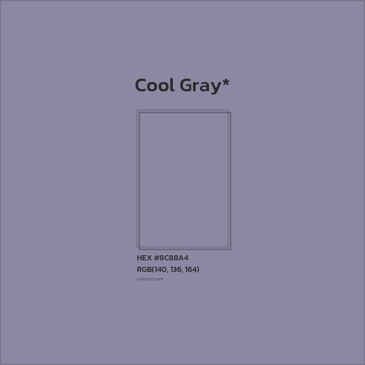 #8C88A4 hex color. RGB, RYB, CMYK, HSL, HSV codes and color conversions. Matching color names, palettes, paints.