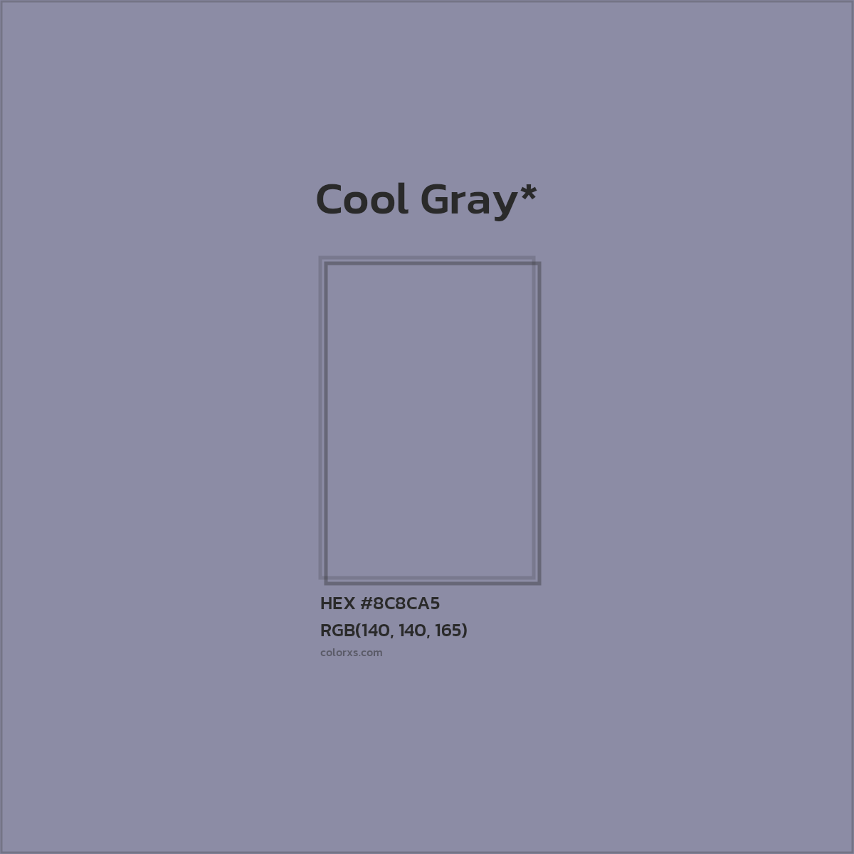 #8C8CA5 hex color. RGB, RYB, CMYK, HSL, HSV codes and color conversions. Matching color names, palettes, paints.