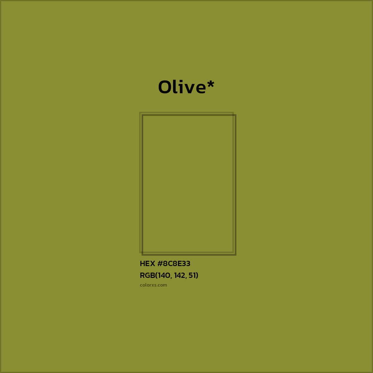 #8C8E33 hex color. RGB, RYB, CMYK, HSL, HSV codes and color conversions. Matching color names, palettes, paints.